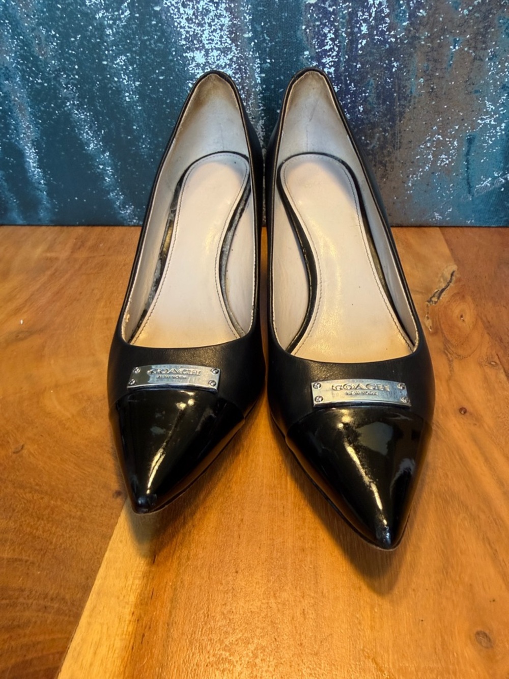Coach Black Pointed Toe Leather Pumps with Silver Logo Plate - Picture 14 of 14